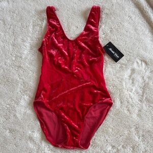 Meraki Wear Leotard Red Velvet Mesh Tank Top Style Dancer Women's Size L NWT